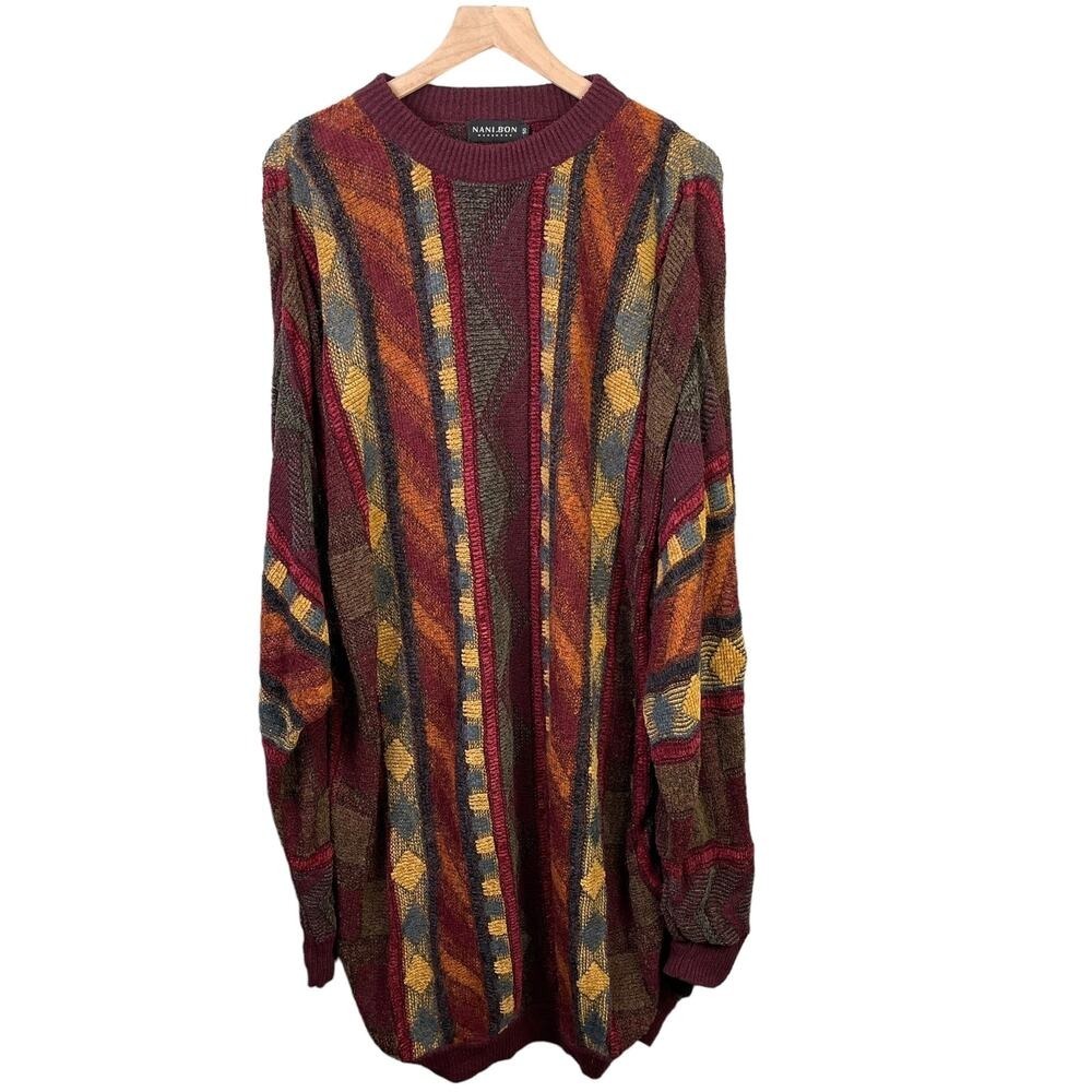 Nani Bon Italy Mohair Wool 3D Knit Sweater Burgundy Coogi Style Grandpa Core 50